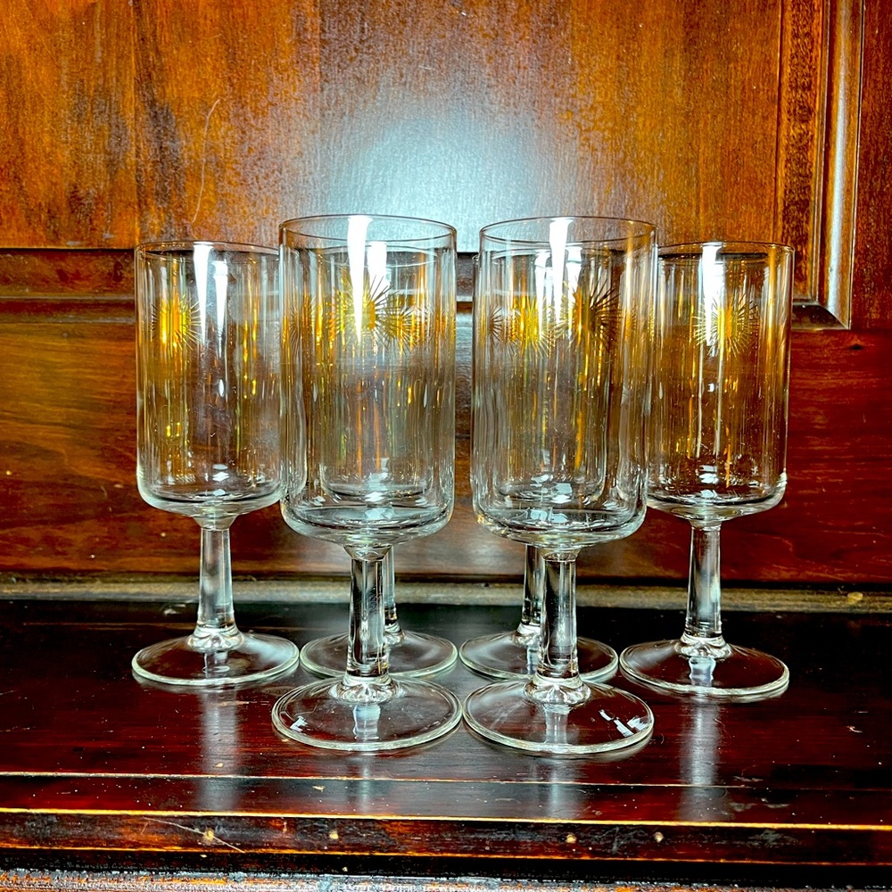 Vintage Set of 6 Gold Atomic Starburst Stemmed Wine Goblet, Mid Century